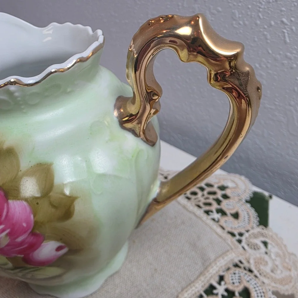 Vintage Lefton Hand‎ Painted Rose Porcelain Pitcher Green Gold Gilt Scallop Rim